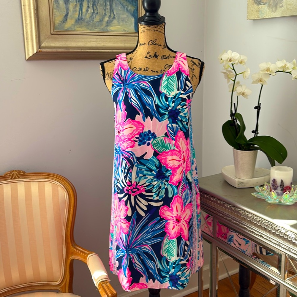 LILLY PULITZER Floral Spring Dress Sundress S Navy Blue Pink Sleeveless S 6